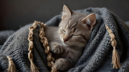 Cute cat sleeping on soft plaid, closeup. Lovely petの素材