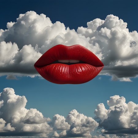 Red lips on sky background with clouds, beauty concept. 3D renderingの素材