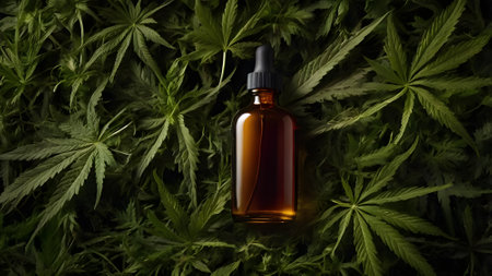 Cannabis essential oil in brown glass bottle on background of green cannabis leaves.の素材