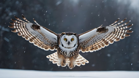 Great horned owl in snowy forest with wings spread and wings spreadの素材