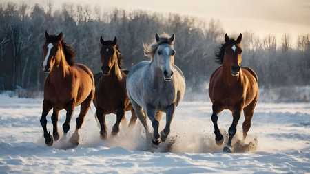 Beautiful horses running in the snow in winter, herd of horsesの素材