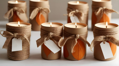 Burning wax candles with paper tags on light background, closeupの素材