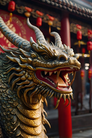 Dragon statue in chinese temple, closeup of photo with shallow depth of fieldの素材