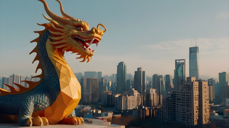 dragon statue on the top of the building with cityscape background.の素材