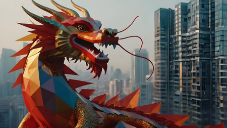 dragon on the background of skyscrapers. 3d illustration.の素材
