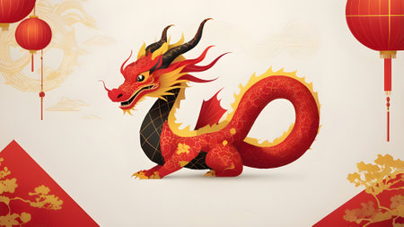 Chinese New Year banner with red dragon and gold elements. Vector illustration.の素材