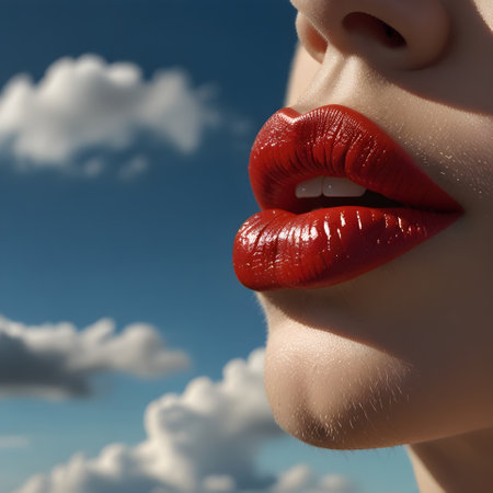 Beautiful female lips on sky background. Close-up portrait of a young woman with red lips.の素材
