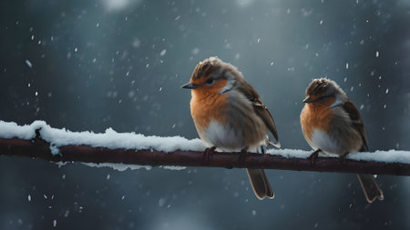 Two robin birds sitting on a branch covered with snow in winterの素材