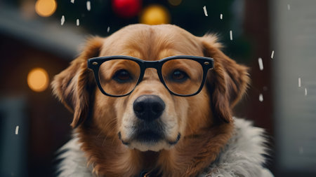 Cute golden retriever dog wearing eyeglasses at christmas timeの素材