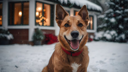 Red dog on the background of a beautiful house with Christmas decorations.の素材