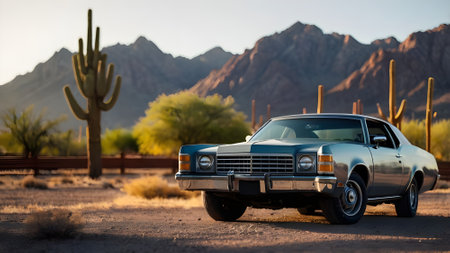 A classic car in the desert of Arizona in the United States.の素材