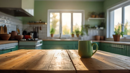 Cup of coffee on a wooden table in a modern kitchen.の素材