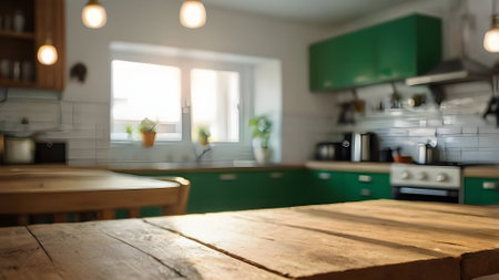 Empty wooden table and blurred background of modern kitchen interior, product display montageの素材