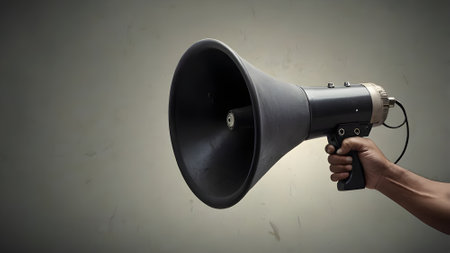 Close up of human hand holding megaphone against gray wall backgroundの素材
