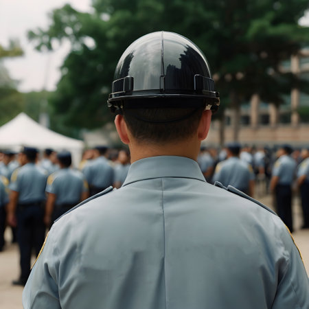 Rear view of security guard standing in front of the police.の素材