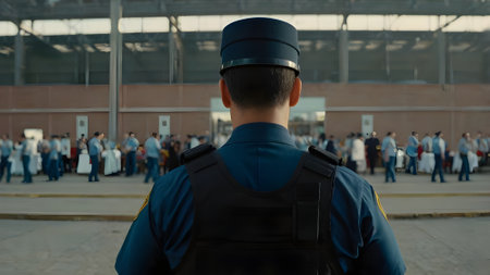 Back view of a security guard standing in front of a group of peopleの素材