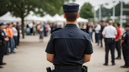 Policewoman standing in front of crowd of people at eventの素材