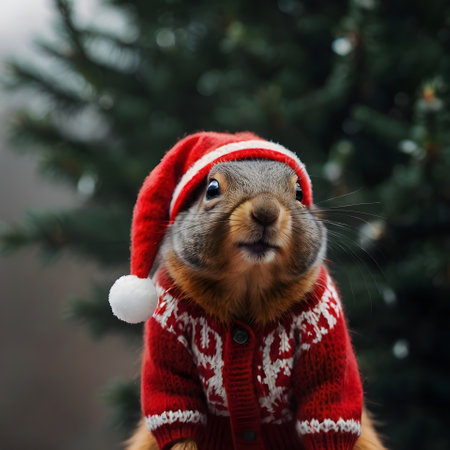 Cute squirrel in a red sweater and hat on the background of a Christmas tree.の素材