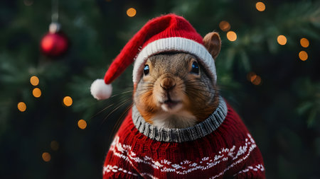 Cute squirrel in Santa Claus hat on background of Christmas tree.の素材