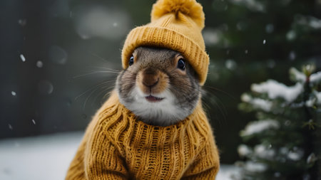 Cute rabbit in a yellow knitted hat on the background of a snowy forest.の素材