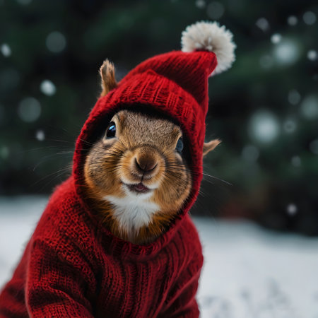 Cute squirrel in red knitted hat on the background of winter forest.の素材