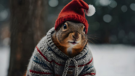 portrait of a cute squirrel in a red hat and a warm sweater in the winter forestの素材