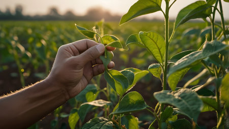 Farmer hand touching soybean seedling in the field at sunsetの素材