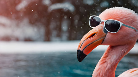 Flamingo wearing sunglasses on the background of a winter landscape.の素材
