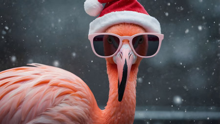 Flamingo wearing a Santa Claus hat and sunglasses on a snowy dayの素材