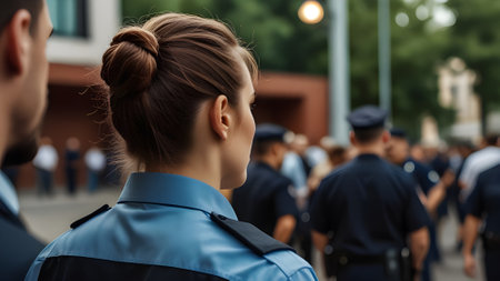 Back view of female security guard in uniform looking at camera on streetの素材