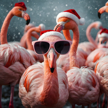 Flamingo wearing Santa Claus hat and sunglasses in winter time.の素材
