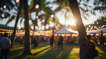 Blur image of people at outdoor festival with bokeh background.の素材