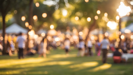 Blurred image of people at a wedding party in the park.の素材