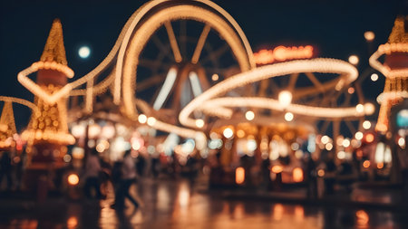 Abstract blur people walking in amusement park at night background, vintage toneの素材