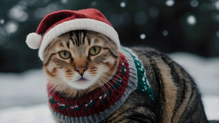 Cute cat wearing a red hat and scarf in the snow.の素材