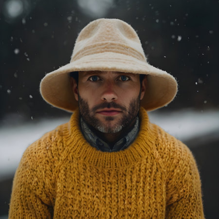 Portrait of a bearded man in a yellow sweater and hat on a background of snowfall.の素材
