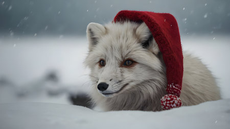Winter portrait of a cute white fox in a red cap and scarfの素材