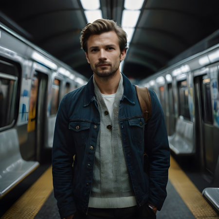 Portrait of a handsome young man in a blue jacket standing in the subway.の素材