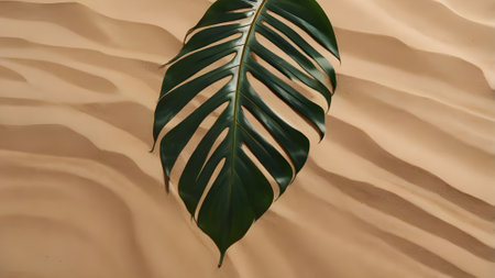 Tropical monstera leaf on beige background, close upの素材