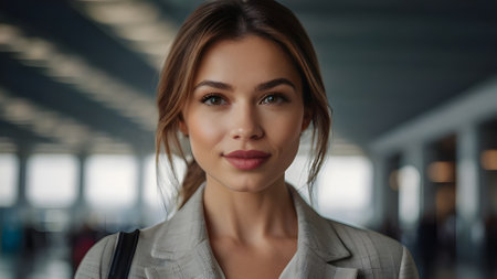 Portrait of a beautiful young business woman in a business center.の素材