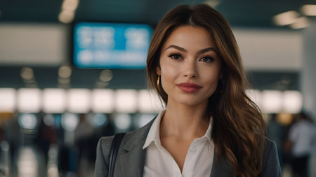 Portrait of young businesswoman standing in airport, looking at camera.の素材