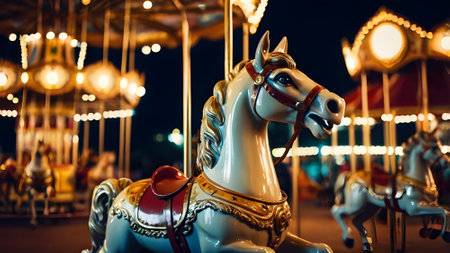 Carousel horse in the amusement park at night, close-upの素材