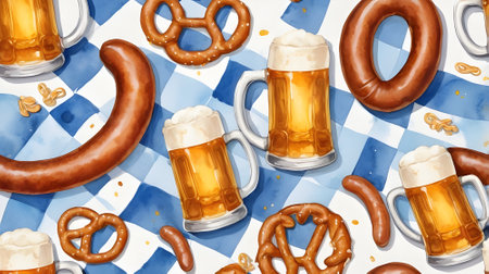 Seamless pattern with beer and pretzels on a white backgroundの素材