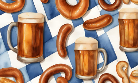 Seamless pattern with beer, pretzels and sausagesの素材