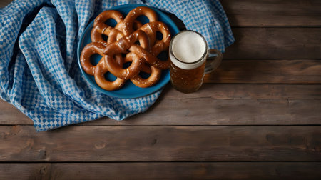 Bavarian pretzels with beer on a wooden background.の素材