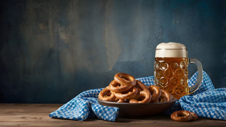 Beer and pretzels on wooden table. Oktoberfest conceptの素材
