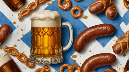 Oktoberfest concept. Glass of beer, pretzels and sausages on the flag of Scotland, flat layの素材