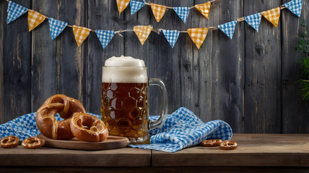 Oktoberfest beer and pretzels on a wooden backgroundの素材