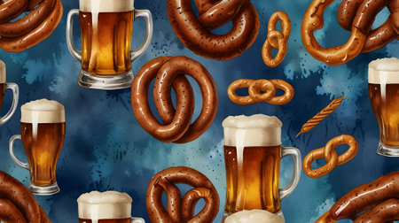 Seamless pattern with beer and pretzels on a blue backgroundの素材