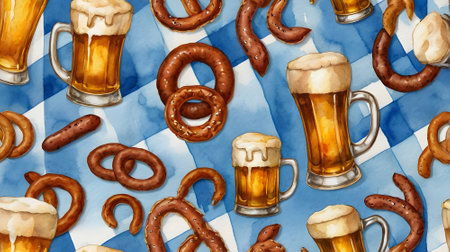 Seamless pattern with beer and pretzels. Watercolor illustrationの素材